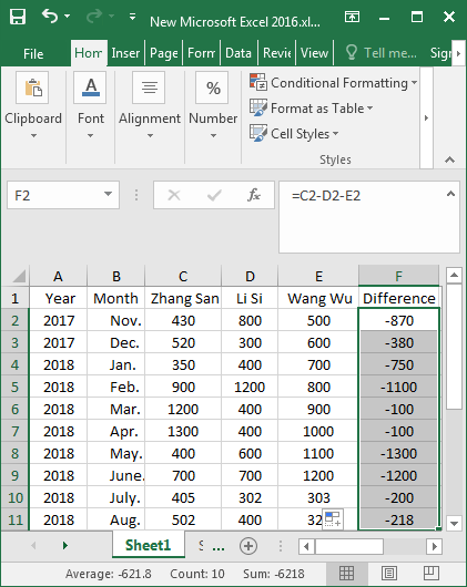 2 способа рассчитать разницу между данными в Excel 2016