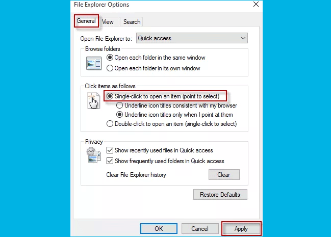 Измените мышь с двойного щелчка на одиночный щелчок в Windows 10